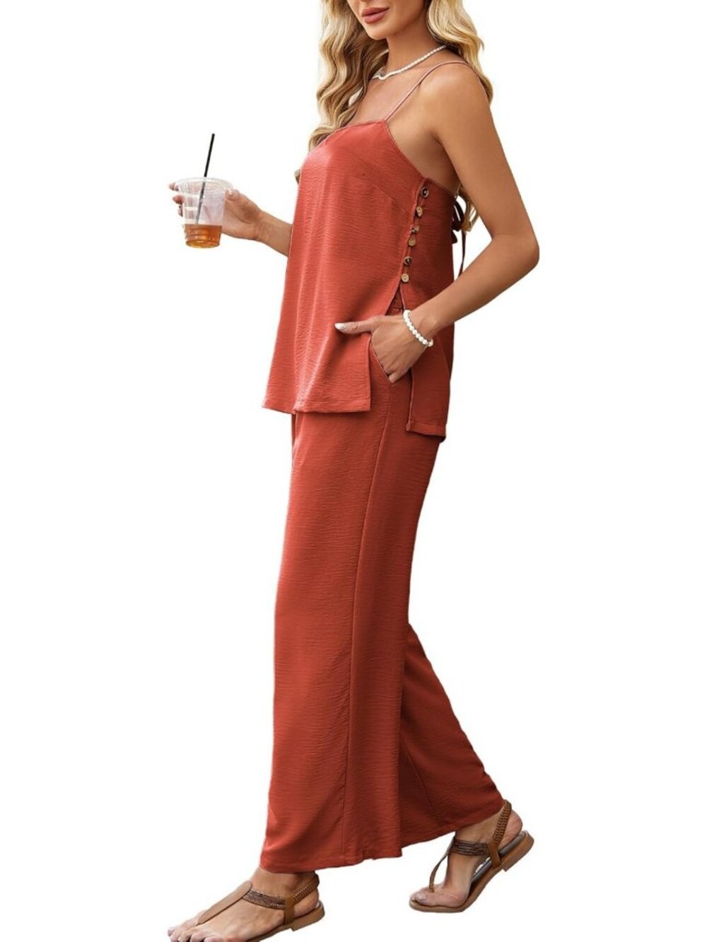 Summer Travel 2-Piece Outfit Set - Faux Linen Spaghetti Strap Top & Pants with